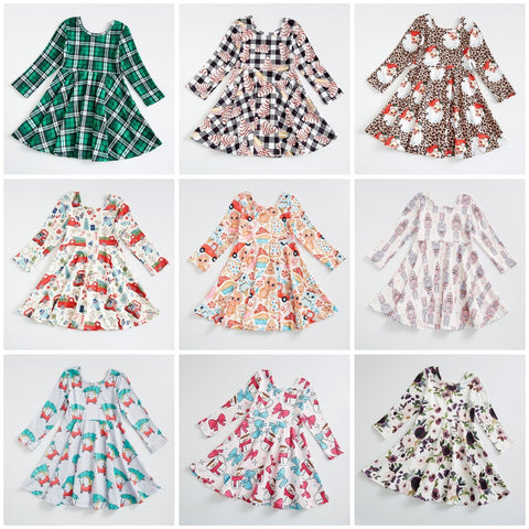 Girlymax Valentine's Day Christmas Baby Girls Chlidren Kids Clothing Milk Silk Floral Twirl Dress Knee Length Long Sleeve