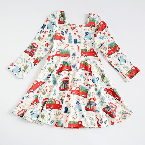 Girlymax Valentine's Day Christmas Baby Girls Chlidren Kids Clothing Milk Silk Floral Twirl Dress Knee Length Long Sleeve