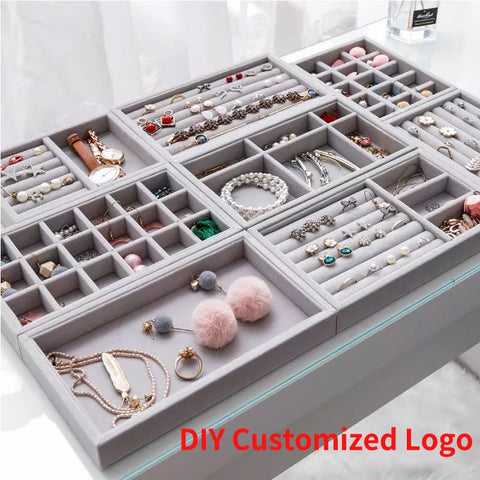 Handmade DIY Jewelry Box Drawer Storage Organizer Gray Soft Velvet Jewellery Earring Necklace Pendant Bracelet Tray 9 Options