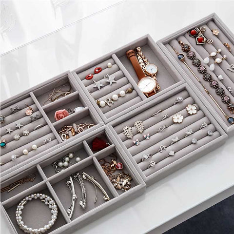 Handmade DIY Jewelry Box Drawer Storage Organizer Gray Soft Velvet Jewellery Earring Necklace Pendant Bracelet Tray 9 Options