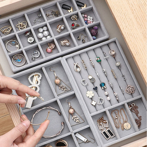 Handmade DIY Jewelry Box Drawer Storage Organizer Gray Soft Velvet Jewellery Earring Necklace Pendant Bracelet Tray 9 Options