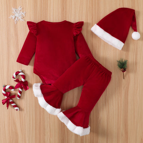 Baby 0-18M Christmas Newborn Infant Baby Girl Clothes Set Santa  Romper Flare Pants Hat Velvet Xmas Outfits Clothing D01