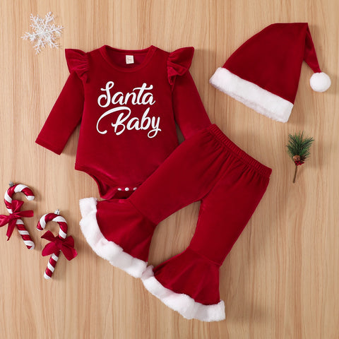 Baby 0-18M Christmas Newborn Infant Baby Girl Clothes Set Santa  Romper Flare Pants Hat Velvet Xmas Outfits Clothing D01