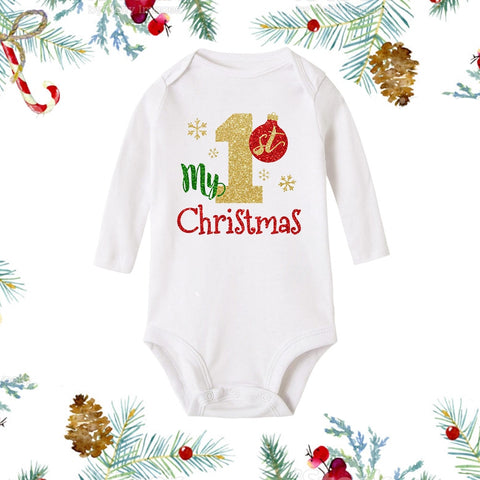 My First Christmas Newborn Baby White Long Sleeve Romper Cartoon Snowman Print Outfit Infant Baptism Bodysuit Clothes Xmas Gift