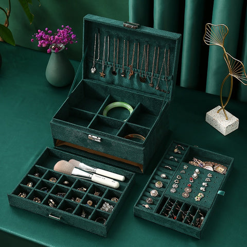 New Green 3-Layer Flannel Jewelry Organizer Box Necklaces Earrings Rings Display Holder Case for Women Large Capacity With Lock