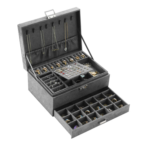 New Green 3-Layer Flannel Jewelry Organizer Box Necklaces Earrings Rings Display Holder Case for Women Large Capacity With Lock