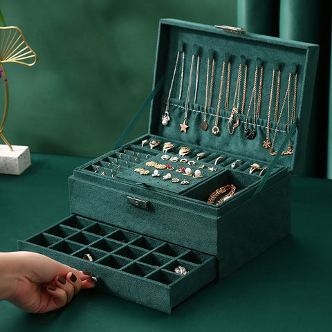 New Green 3-Layer Flannel Jewelry Organizer Box Necklaces Earrings Rings Display Holder Case for Women Large Capacity With Lock