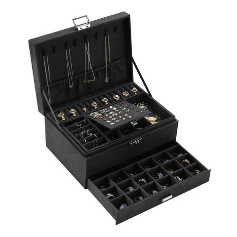 New Green 3-Layer Flannel Jewelry Organizer Box Necklaces Earrings Rings Display Holder Case for Women Large Capacity With Lock