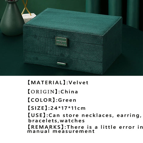 New Green 3-Layer Flannel Jewelry Organizer Box Necklaces Earrings Rings Display Holder Case for Women Large Capacity With Lock