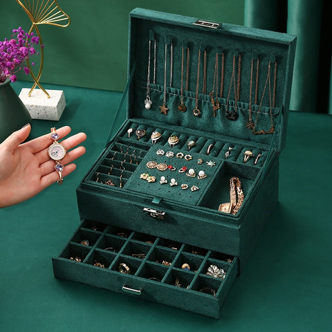 New Green 3-Layer Flannel Jewelry Organizer Box Necklaces Earrings Rings Display Holder Case for Women Large Capacity With Lock