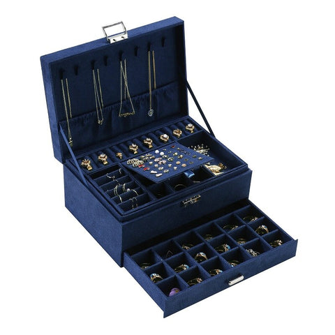 New Green 3-Layer Flannel Jewelry Organizer Box Necklaces Earrings Rings Display Holder Case for Women Large Capacity With Lock