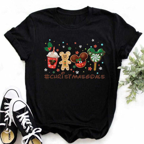 New Mickey Christmas Hat Print T-shirts for Women Fashion Christmas T Shirt Streetwear Female Clothes Kawaii Disney T Shirt Gift