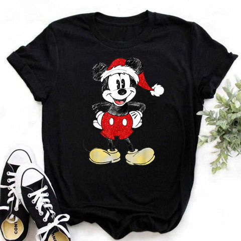 New Mickey Christmas Hat Print T-shirts for Women Fashion Christmas T Shirt Streetwear Female Clothes Kawaii Disney T Shirt Gift