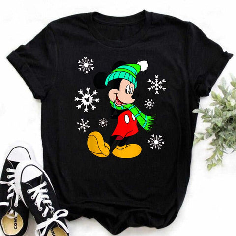 New Mickey Christmas Hat Print T-shirts for Women Fashion Christmas T Shirt Streetwear Female Clothes Kawaii Disney T Shirt Gift