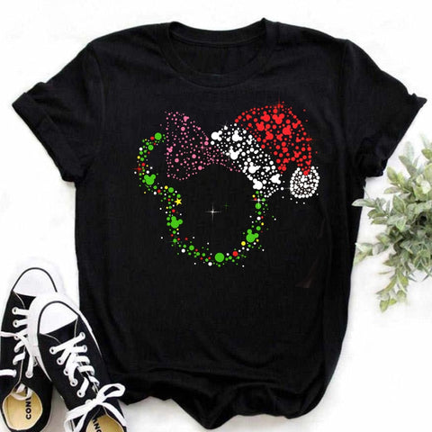 New Mickey Christmas Hat Print T-shirts for Women Fashion Christmas T Shirt Streetwear Female Clothes Kawaii Disney T Shirt Gift