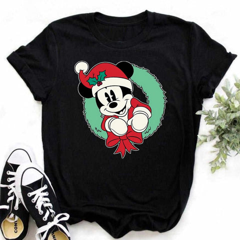 New Mickey Christmas Hat Print T-shirts for Women Fashion Christmas T Shirt Streetwear Female Clothes Kawaii Disney T Shirt Gift