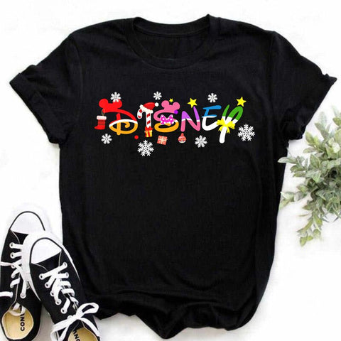 New Mickey Christmas Hat Print T-shirts for Women Fashion Christmas T Shirt Streetwear Female Clothes Kawaii Disney T Shirt Gift