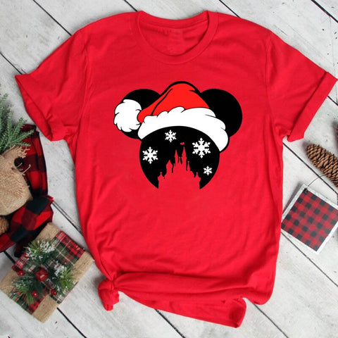 New Mickey Christmas Hat Print T-shirts for Women Fashion Christmas T Shirt Streetwear Female Clothes Kawaii Disney T Shirt Gift