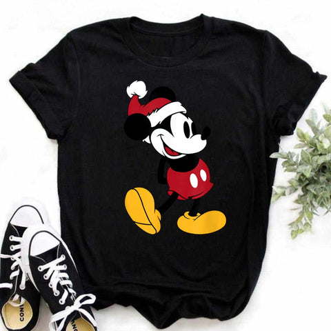 New Mickey Christmas Hat Print T-shirts for Women Fashion Christmas T Shirt Streetwear Female Clothes Kawaii Disney T Shirt Gift
