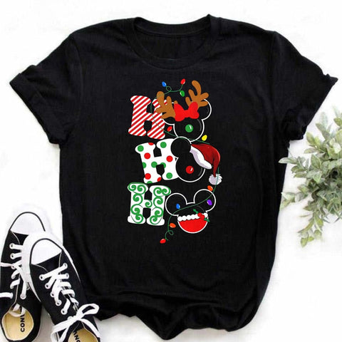 New Mickey Christmas Hat Print T-shirts for Women Fashion Christmas T Shirt Streetwear Female Clothes Kawaii Disney T Shirt Gift