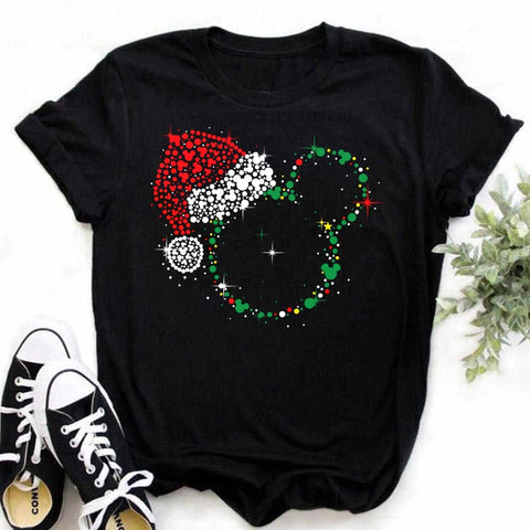 New Mickey Christmas Hat Print T-shirts for Women Fashion Christmas T Shirt Streetwear Female Clothes Kawaii Disney T Shirt Gift
