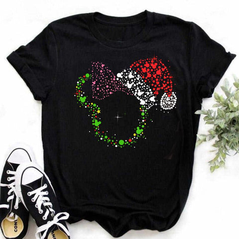 New Mickey Christmas Hat Print T-shirts for Women Fashion Christmas T Shirt Streetwear Female Clothes Kawaii Disney T Shirt Gift