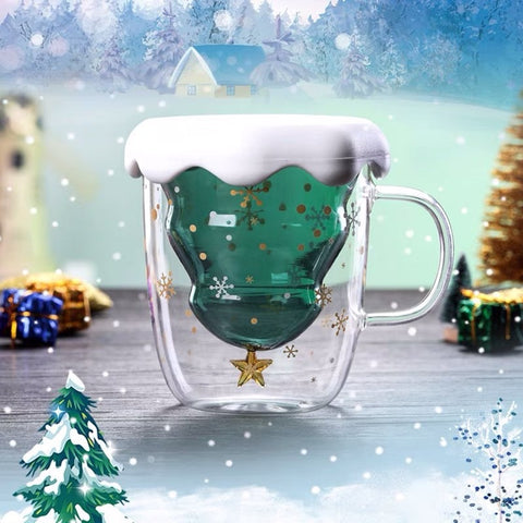 2022 Creative Christmas Coffee Milk Mug Christmas Tree Star Cup Anti-Scalding Double Walls Glass Cup Children's Christmas Gifts