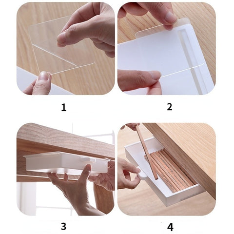 Self-Adhesive Under Desk Drawer Hidden Storage Box Makeup Organizer Self Stick School Stationery Case Pencil Tray Pen Holder