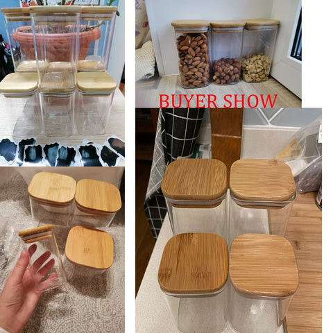 Square Sealed Glass Bottles Jars New Tea Coffee Beans Transparent Storage Boxes Candy and Snack Tins with Bamboo Lid