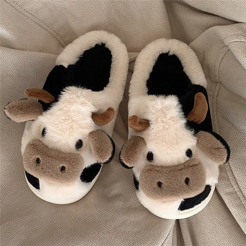 Upgrate Cute Animal Slipper For Women Girls Kawaii Fluffy Winter Warm Slippers Woman Cartoon Milk Cow House Slippers Funny Shoes