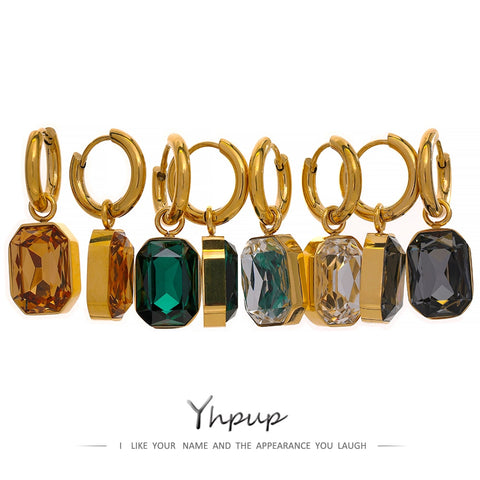 Stainless Steel Cubic Zirconia Drop Dangle Charms Trendy Earrings 18k-gold-plated Green Square Geometric Earring Jewelry