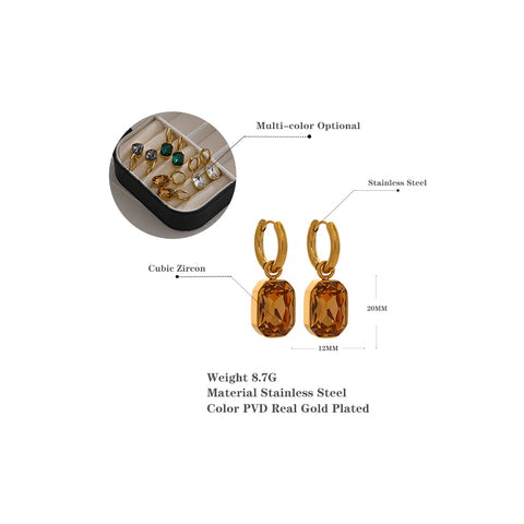 Stainless Steel Cubic Zirconia Drop Dangle Charms Trendy Earrings 18k-gold-plated Green Square Geometric Earring Jewelry