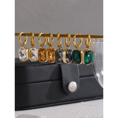 Stainless Steel Cubic Zirconia Drop Dangle Charms Trendy Earrings 18k-gold-plated Green Square Geometric Earring Jewelry